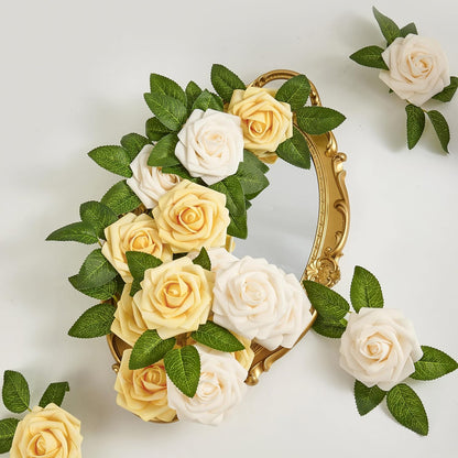 Artificial Flowers, 25pcs Creamy Yellow and Ivory Rose for Wedding | Foam Fake Flowers with Stem for DIY Bouquets Arrangements Centerpieces Bridal Shower Party Home Decorations