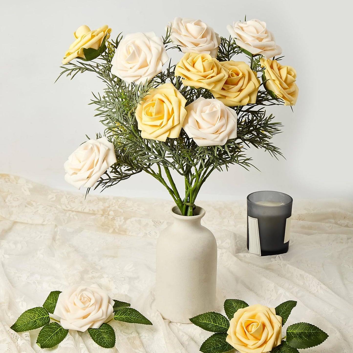 Artificial Flowers, 25pcs Creamy Yellow and Ivory Rose for Wedding | Foam Fake Flowers with Stem for DIY Bouquets Arrangements Centerpieces Bridal Shower Party Home Decorations