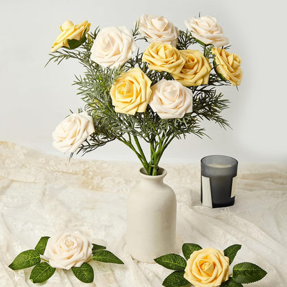 Artificial Flowers, 25pcs Creamy Yellow and Ivory Rose for Wedding | Foam Fake Flowers with Stem for DIY Bouquets Arrangements Centerpieces Bridal Shower Party Home Decorations