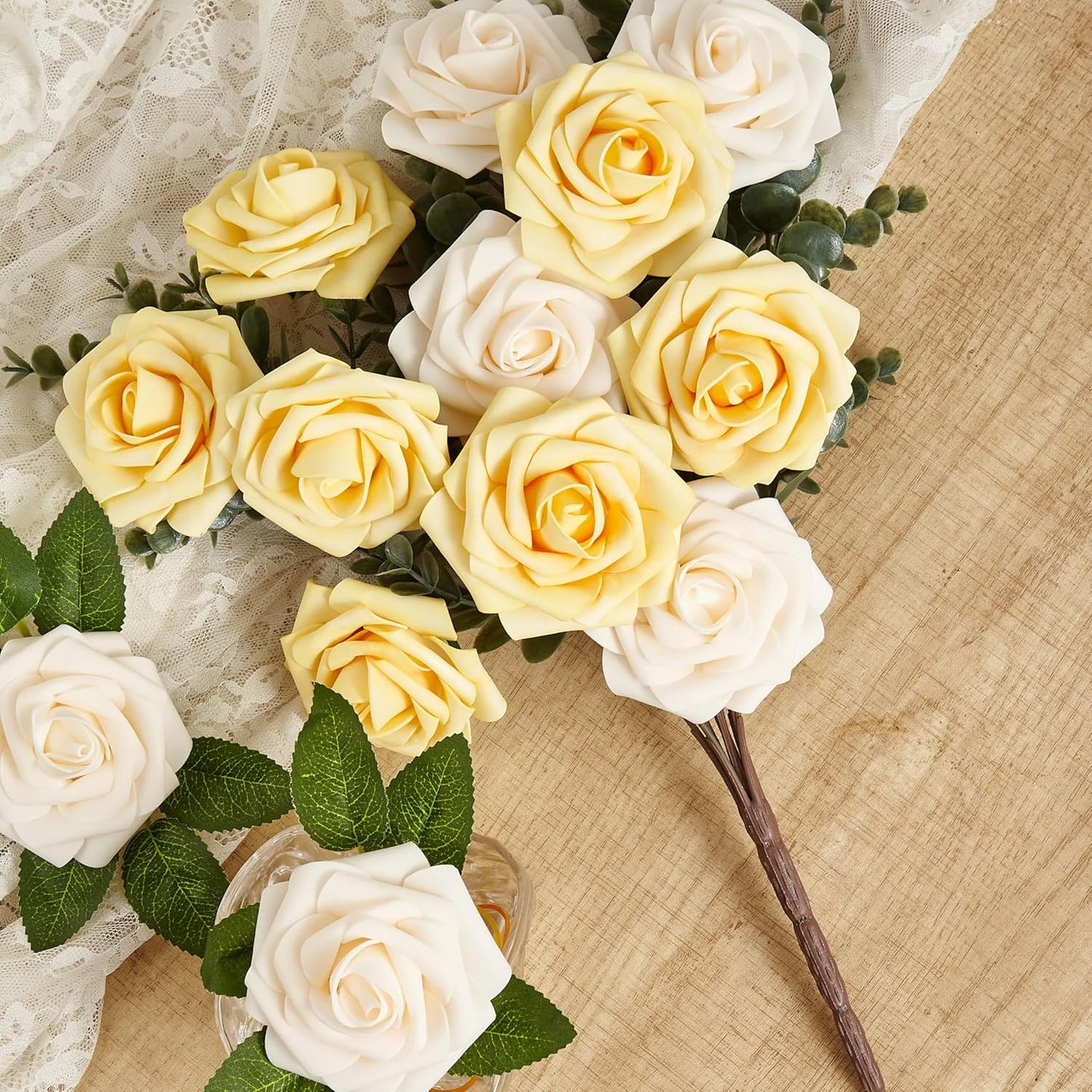 Artificial Flowers, 25pcs Creamy Yellow and Ivory Rose for Wedding | Foam Fake Flowers with Stem for DIY Bouquets Arrangements Centerpieces Bridal Shower Party Home Decorations