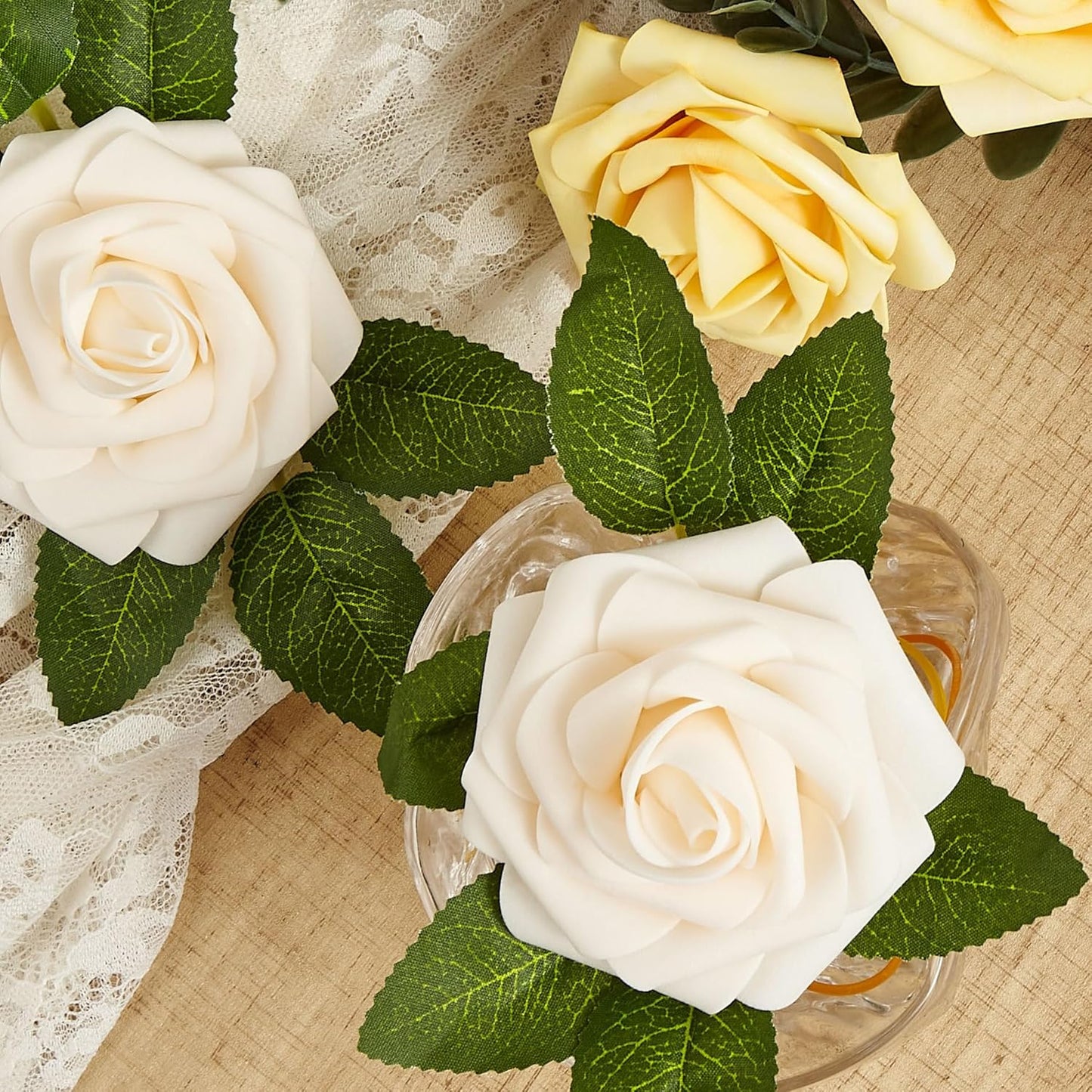 Artificial Flowers, 25pcs Creamy Yellow and Ivory Rose for Wedding | Foam Fake Flowers with Stem for DIY Bouquets Arrangements Centerpieces Bridal Shower Party Home Decorations