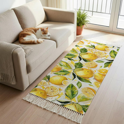 Watercolor Lemon Green Leaves Seamless Kitchen Runner Rug 2x6ft Boho Tassel Rugs Floor Carpet, Farm Fruit Area Rug for Hallway Bedroom Bathroom Living Room Dining