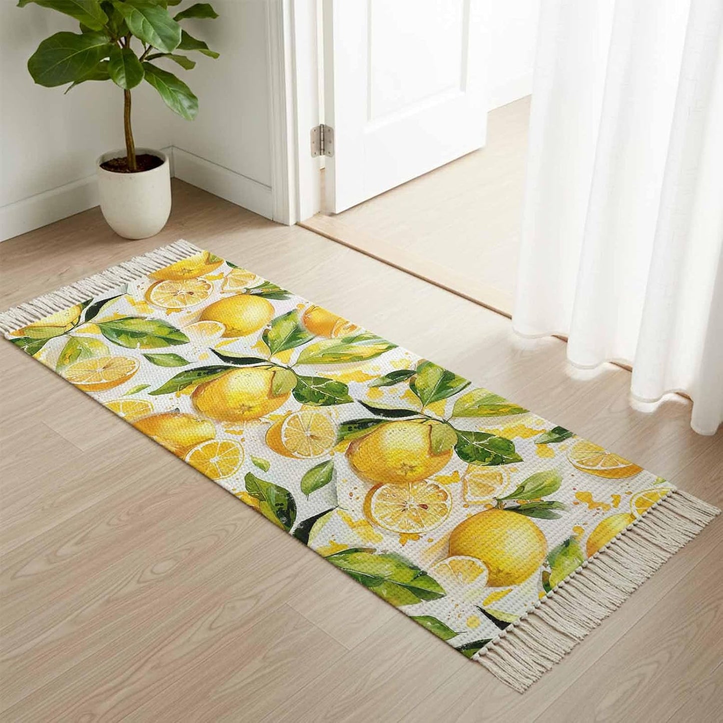 Watercolor Lemon Green Leaves Seamless Kitchen Runner Rug 2x6ft Boho Tassel Rugs Floor Carpet, Farm Fruit Area Rug for Hallway Bedroom Bathroom Living Room Dining
