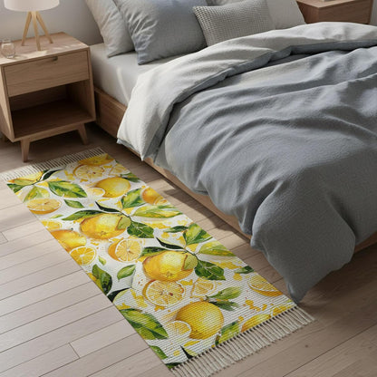 Watercolor Lemon Green Leaves Seamless Kitchen Runner Rug 2x6ft Boho Tassel Rugs Floor Carpet, Farm Fruit Area Rug for Hallway Bedroom Bathroom Living Room Dining
