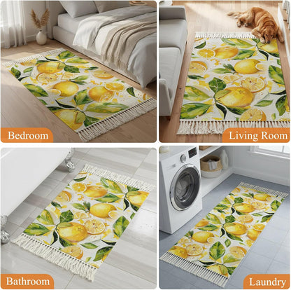 Watercolor Lemon Green Leaves Seamless Kitchen Runner Rug 2x6ft Boho Tassel Rugs Floor Carpet, Farm Fruit Area Rug for Hallway Bedroom Bathroom Living Room Dining