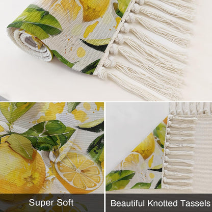 Watercolor Lemon Green Leaves Seamless Kitchen Runner Rug 2x6ft Boho Tassel Rugs Floor Carpet, Farm Fruit Area Rug for Hallway Bedroom Bathroom Living Room Dining