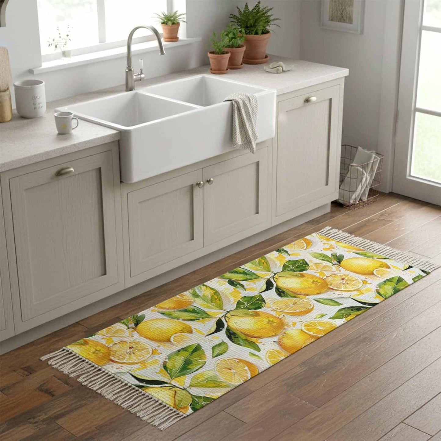 Watercolor Lemon Green Leaves Seamless Kitchen Runner Rug 2x6ft Boho Tassel Rugs Floor Carpet, Farm Fruit Area Rug for Hallway Bedroom Bathroom Living Room Dining