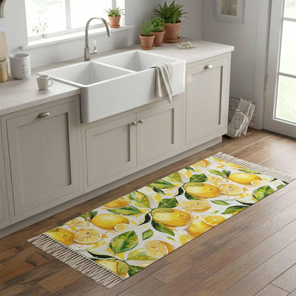 Watercolor Lemon Green Leaves Seamless Kitchen Runner Rug 2x6ft Boho Tassel Rugs Floor Carpet, Farm Fruit Area Rug for Hallway Bedroom Bathroom Living Room Dining
