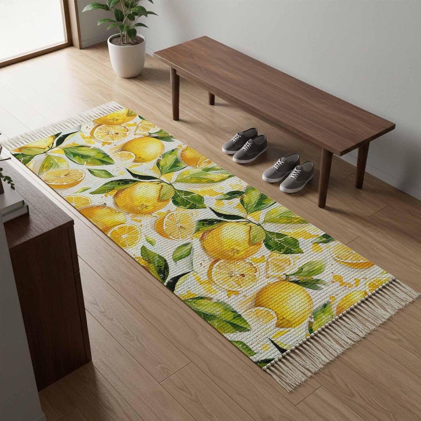 Watercolor Lemon Green Leaves Seamless Kitchen Runner Rug 2x6ft Boho Tassel Rugs Floor Carpet, Farm Fruit Area Rug for Hallway Bedroom Bathroom Living Room Dining