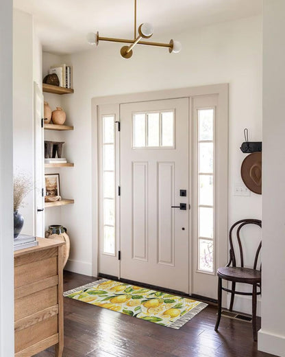 Watercolor Lemon Green Leaves Seamless Kitchen Runner Rug 2x6ft Boho Tassel Rugs Floor Carpet, Farm Fruit Area Rug for Hallway Bedroom Bathroom Living Room Dining