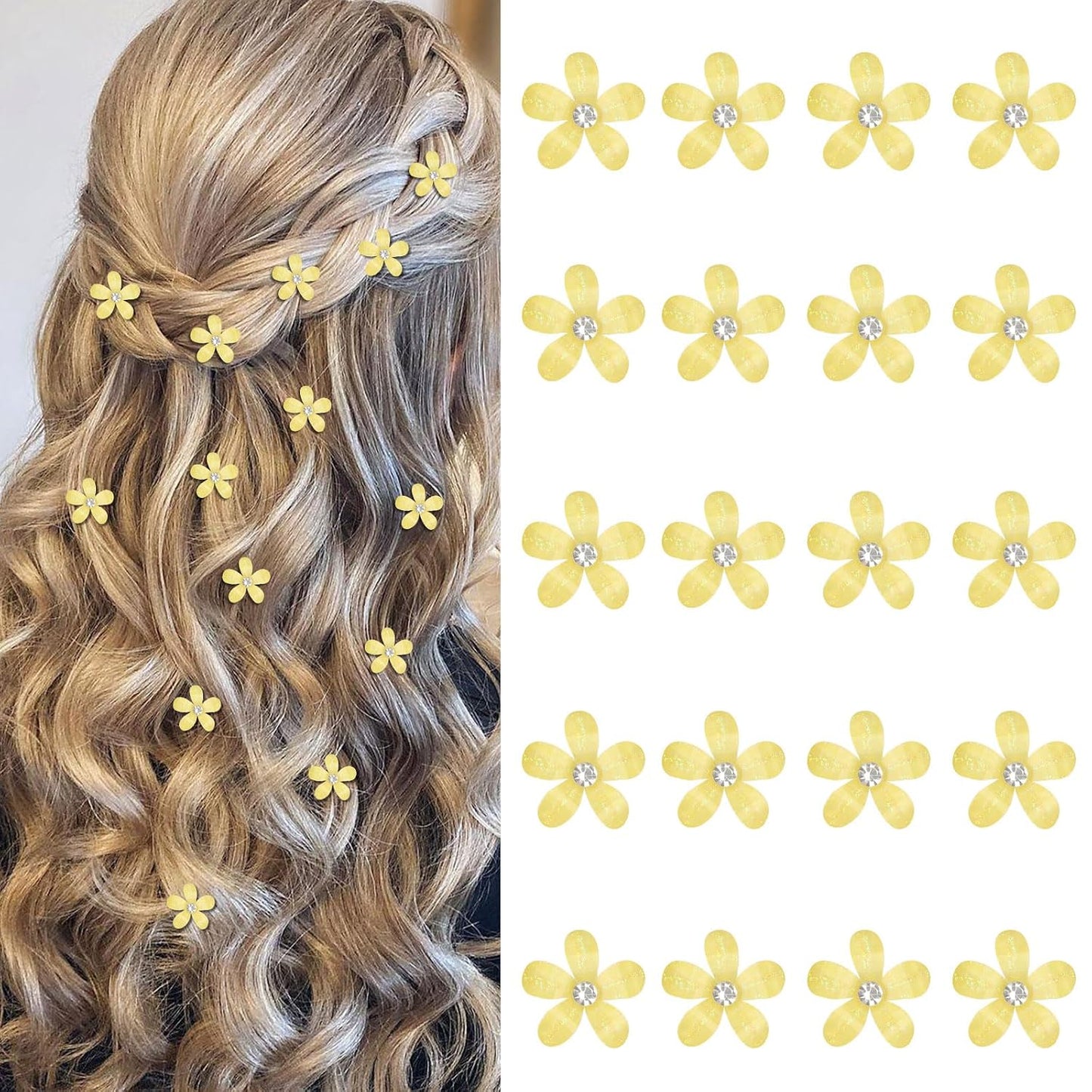 Bright Yellow Mini Flower Hair Clips for Women & Girls, 20Pcs Glitter Floral Hair Barrettes with Crystal, Vibrant Hair Accessories for Wedding Prom Party Daily Hairstyling