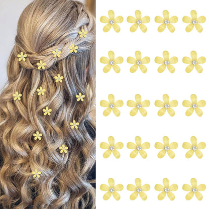 Bright Yellow Mini Flower Hair Clips for Women & Girls, 20Pcs Glitter Floral Hair Barrettes with Crystal, Vibrant Hair Accessories for Wedding Prom Party Daily Hairstyling