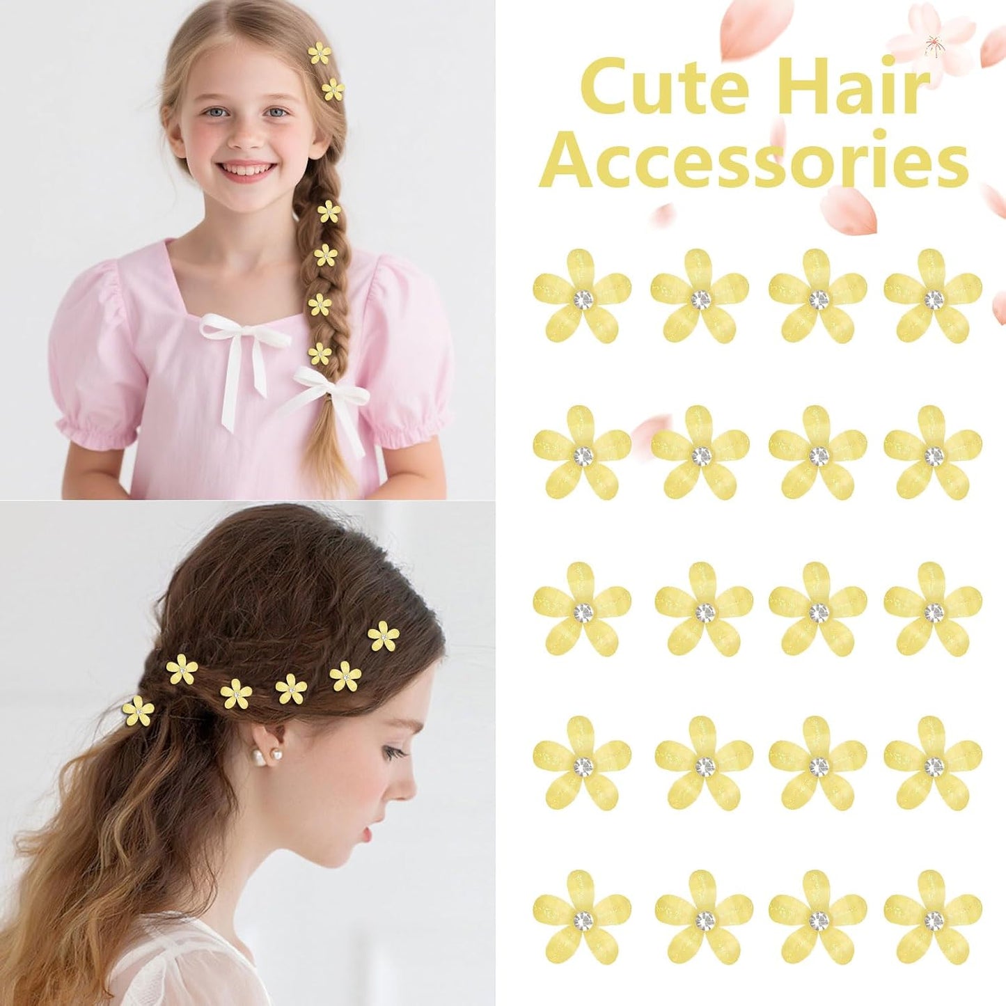 Bright Yellow Mini Flower Hair Clips for Women & Girls, 20Pcs Glitter Floral Hair Barrettes with Crystal, Vibrant Hair Accessories for Wedding Prom Party Daily Hairstyling
