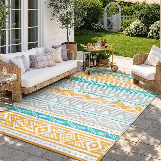 Outdoor Rug Waterproof, 5x8ft Reversible Outdoor Plastic Straw Rug for Camping Patio, RV Outdoor Rugs Outside, Outdoor Carpet for Porch Deck Backyard Balcony Picnic(Blue/Yellow,5'x 8')