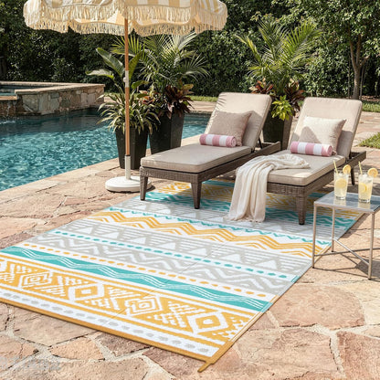 Outdoor Rug Waterproof, 5x8ft Reversible Outdoor Plastic Straw Rug for Camping Patio, RV Outdoor Rugs Outside, Outdoor Carpet for Porch Deck Backyard Balcony Picnic(Blue/Yellow,5'x 8')