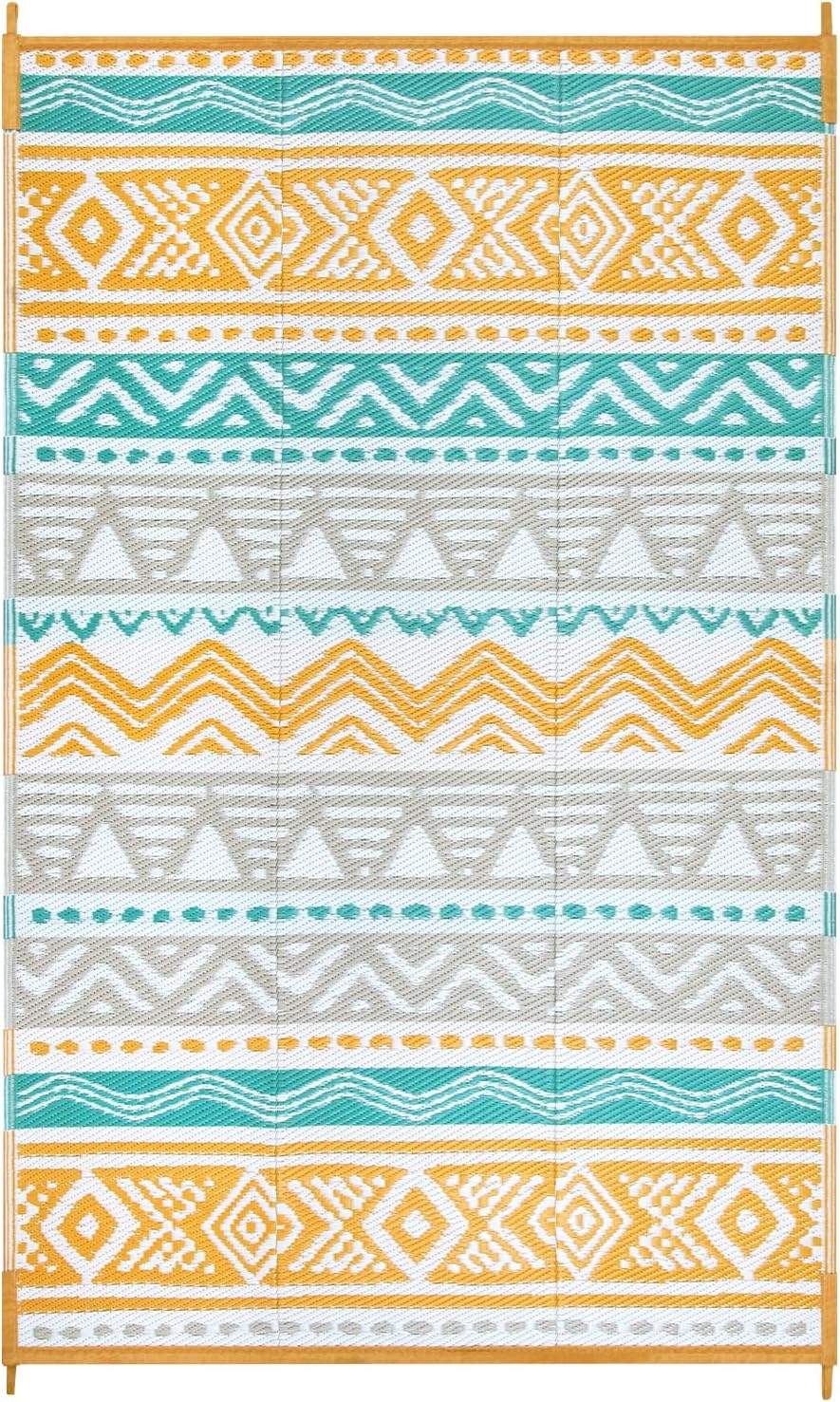 Outdoor Rug Waterproof, 5x8ft Reversible Outdoor Plastic Straw Rug for Camping Patio, RV Outdoor Rugs Outside, Outdoor Carpet for Porch Deck Backyard Balcony Picnic(Blue/Yellow,5'x 8')