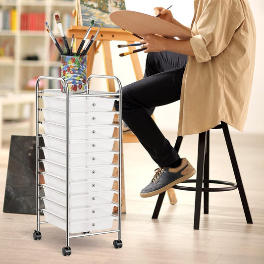 10-Drawer Rolling Storage Cart, Utility Mobile Trolley | Removable Drawers & Universal Casters & 2 Brakes, Versatile Flexible Drawer Organizer Cart for Home, Office (Yellow)
