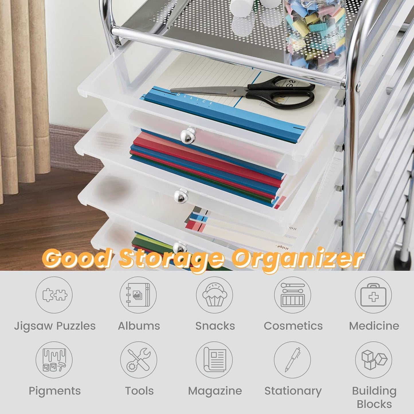 10-Drawer Rolling Storage Cart, Utility Mobile Trolley | Removable Drawers & Universal Casters & 2 Brakes, Versatile Flexible Drawer Organizer Cart for Home, Office (Yellow)