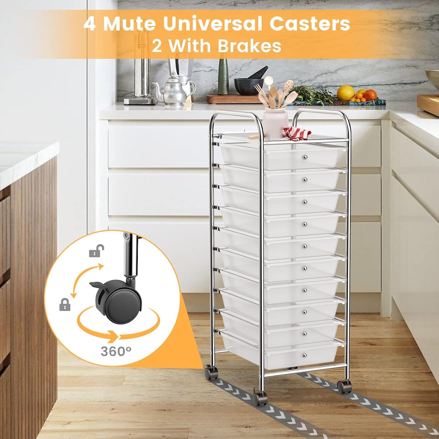 10-Drawer Rolling Storage Cart, Utility Mobile Trolley | Removable Drawers & Universal Casters & 2 Brakes, Versatile Flexible Drawer Organizer Cart for Home, Office (Yellow)