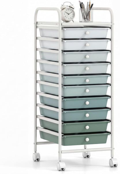 10-Drawer Rolling Storage Cart, Utility Mobile Trolley | Removable Drawers & Universal Casters & 2 Brakes, Versatile Flexible Drawer Organizer Cart for Home, Office (Yellow)