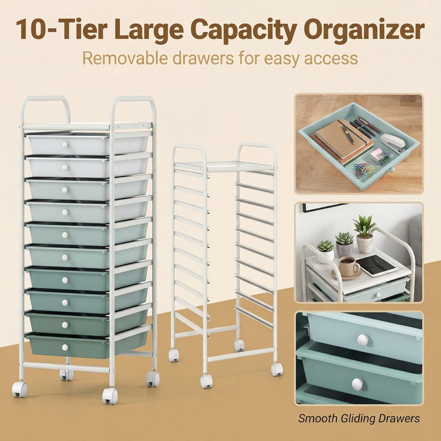 10-Drawer Rolling Storage Cart, Utility Mobile Trolley | Removable Drawers & Universal Casters & 2 Brakes, Versatile Flexible Drawer Organizer Cart for Home, Office (Yellow)