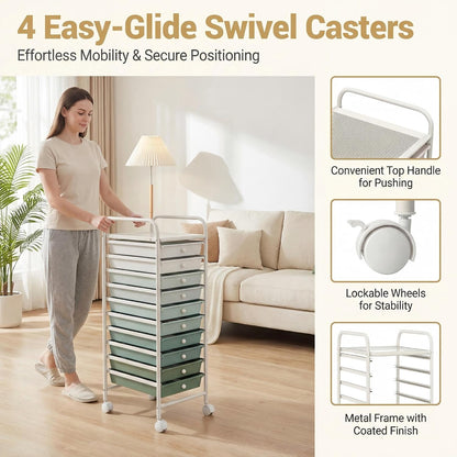 10-Drawer Rolling Storage Cart, Utility Mobile Trolley | Removable Drawers & Universal Casters & 2 Brakes, Versatile Flexible Drawer Organizer Cart for Home, Office (Yellow)