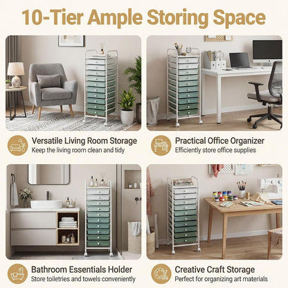 10-Drawer Rolling Storage Cart, Utility Mobile Trolley | Removable Drawers & Universal Casters & 2 Brakes, Versatile Flexible Drawer Organizer Cart for Home, Office (Yellow)