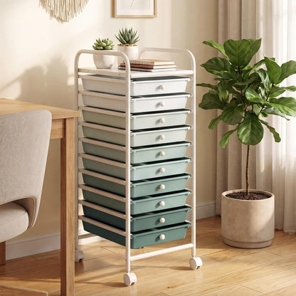 10-Drawer Rolling Storage Cart, Utility Mobile Trolley | Removable Drawers & Universal Casters & 2 Brakes, Versatile Flexible Drawer Organizer Cart for Home, Office (Yellow)