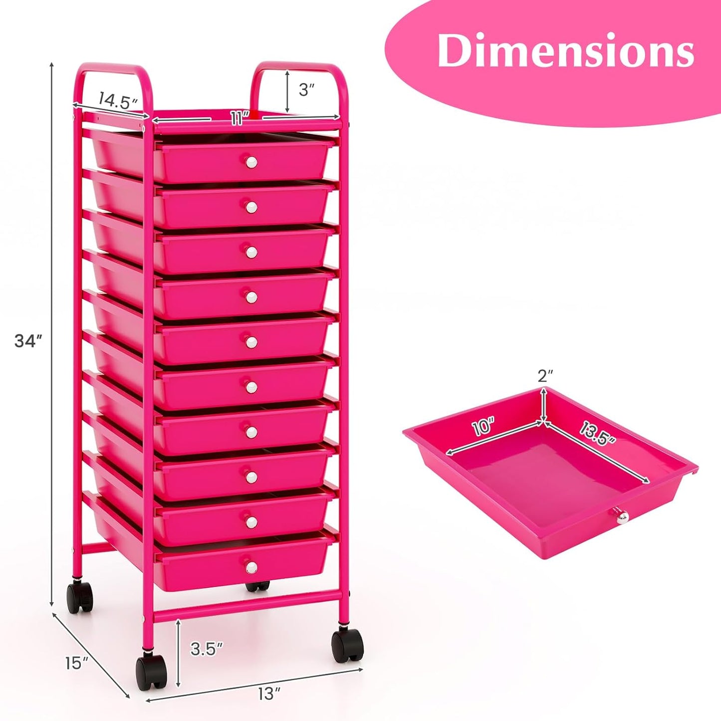 10-Drawer Rolling Storage Cart, Utility Mobile Trolley | Removable Drawers & Universal Casters & 2 Brakes, Versatile Flexible Drawer Organizer Cart for Home, Office (Yellow)