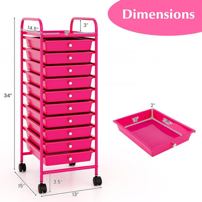 10-Drawer Rolling Storage Cart, Utility Mobile Trolley | Removable Drawers & Universal Casters & 2 Brakes, Versatile Flexible Drawer Organizer Cart for Home, Office (Yellow)