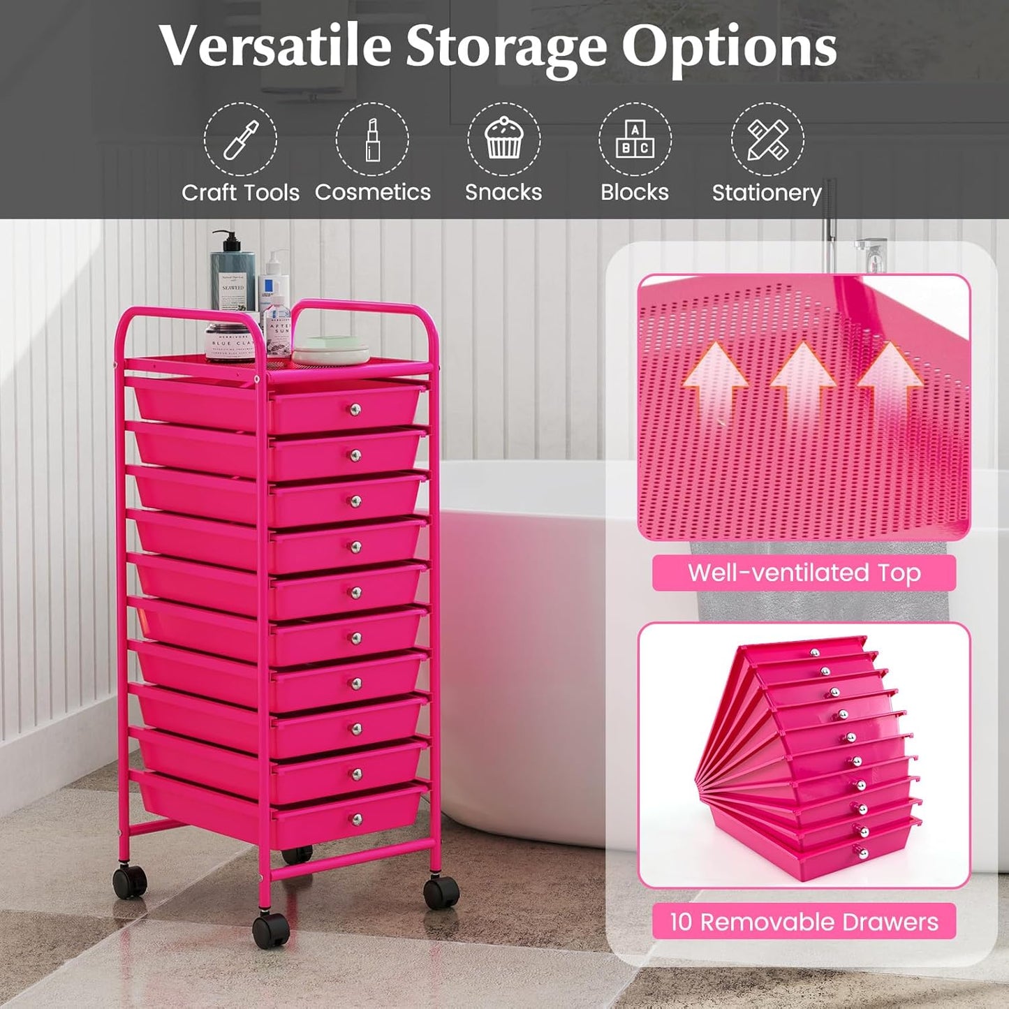 10-Drawer Rolling Storage Cart, Utility Mobile Trolley | Removable Drawers & Universal Casters & 2 Brakes, Versatile Flexible Drawer Organizer Cart for Home, Office (Yellow)