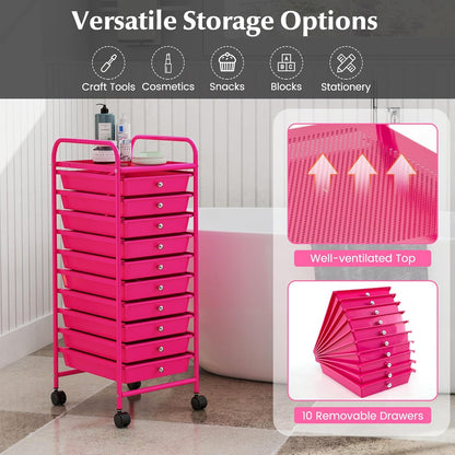 10-Drawer Rolling Storage Cart, Utility Mobile Trolley | Removable Drawers & Universal Casters & 2 Brakes, Versatile Flexible Drawer Organizer Cart for Home, Office (Yellow)