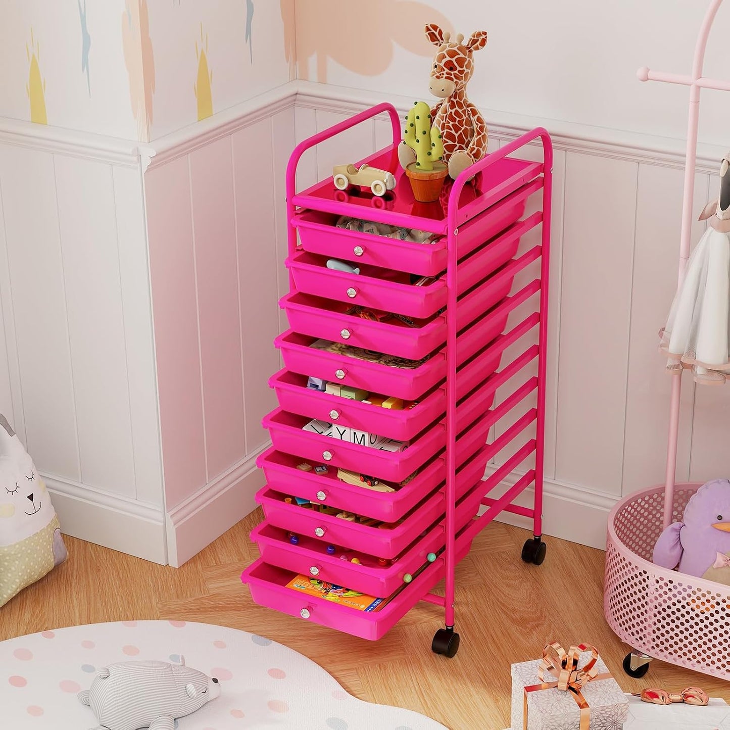 10-Drawer Rolling Storage Cart, Utility Mobile Trolley | Removable Drawers & Universal Casters & 2 Brakes, Versatile Flexible Drawer Organizer Cart for Home, Office (Yellow)