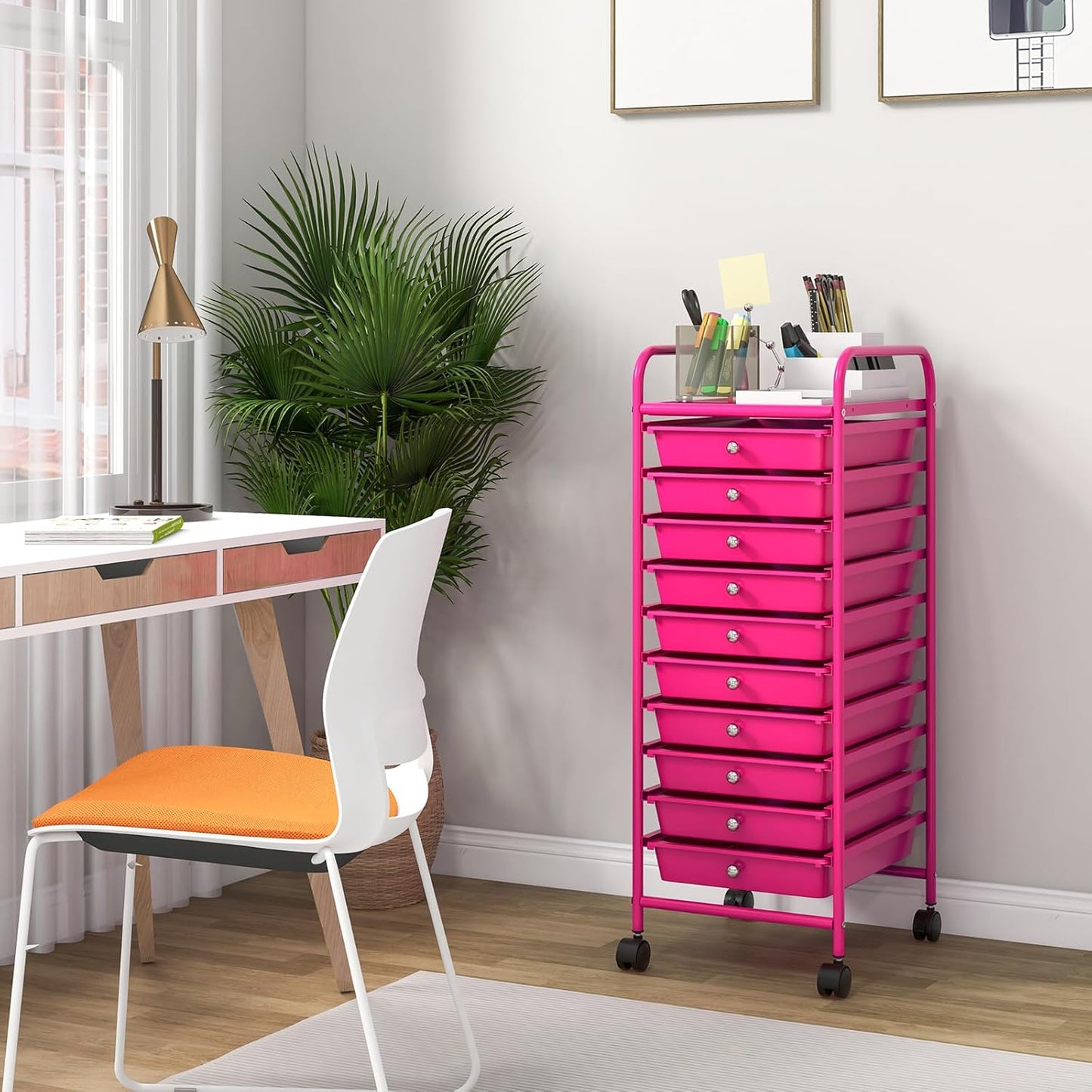 10-Drawer Rolling Storage Cart, Utility Mobile Trolley | Removable Drawers & Universal Casters & 2 Brakes, Versatile Flexible Drawer Organizer Cart for Home, Office (Yellow)