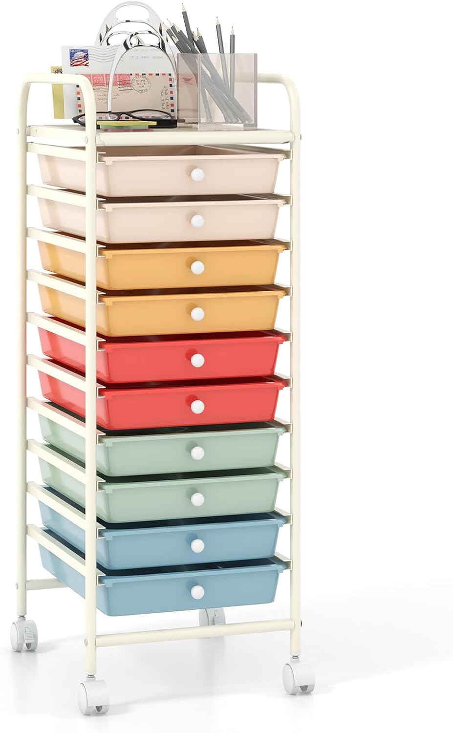 10-Drawer Rolling Storage Cart, Utility Mobile Trolley | Removable Drawers & Universal Casters & 2 Brakes, Versatile Flexible Drawer Organizer Cart for Home, Office (Yellow)