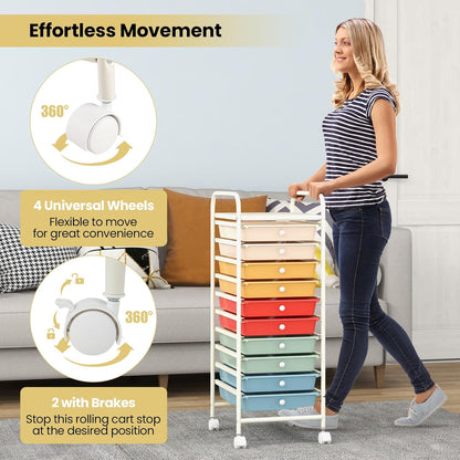 10-Drawer Rolling Storage Cart, Utility Mobile Trolley | Removable Drawers & Universal Casters & 2 Brakes, Versatile Flexible Drawer Organizer Cart for Home, Office (Yellow)