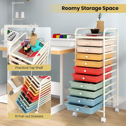 10-Drawer Rolling Storage Cart, Utility Mobile Trolley | Removable Drawers & Universal Casters & 2 Brakes, Versatile Flexible Drawer Organizer Cart for Home, Office (Yellow)