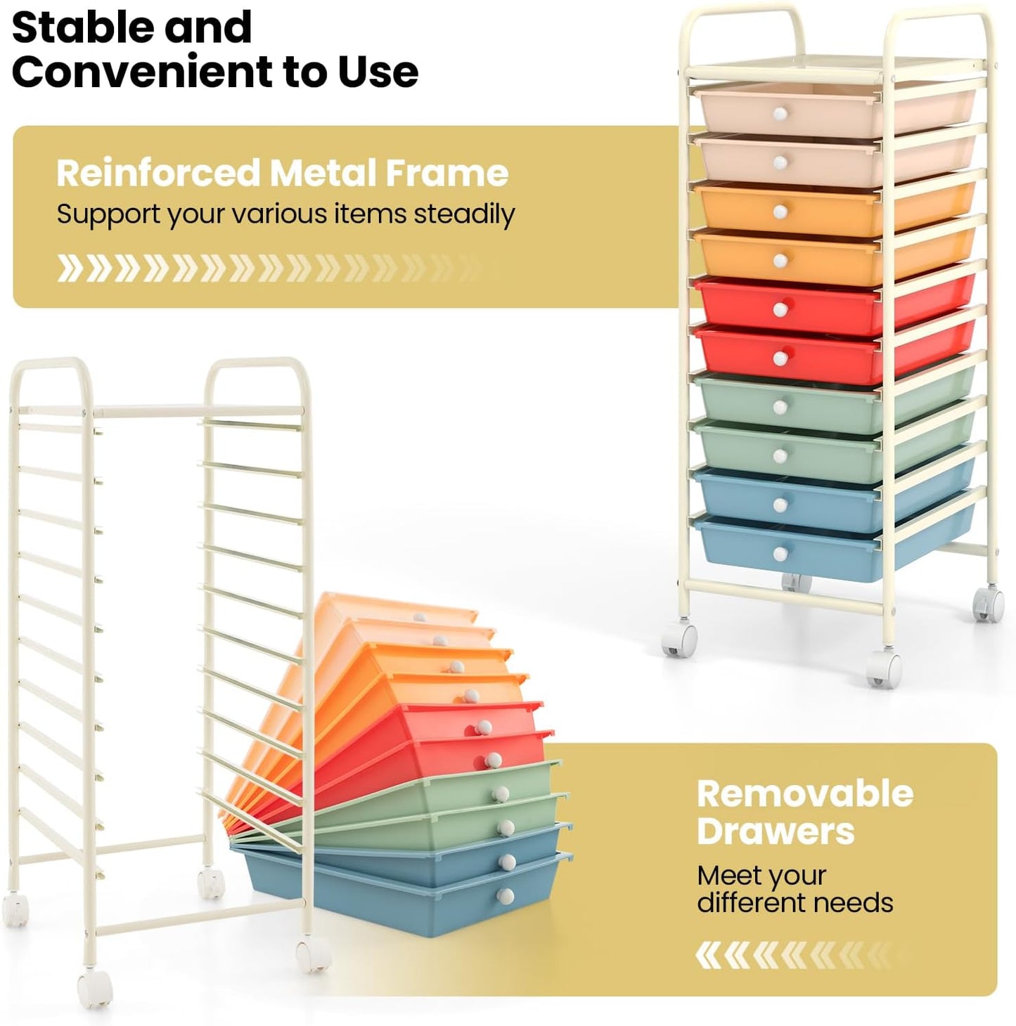 10-Drawer Rolling Storage Cart, Utility Mobile Trolley | Removable Drawers & Universal Casters & 2 Brakes, Versatile Flexible Drawer Organizer Cart for Home, Office (Yellow)