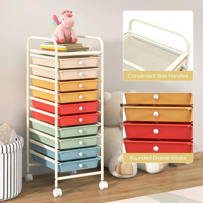 10-Drawer Rolling Storage Cart, Utility Mobile Trolley | Removable Drawers & Universal Casters & 2 Brakes, Versatile Flexible Drawer Organizer Cart for Home, Office (Yellow)