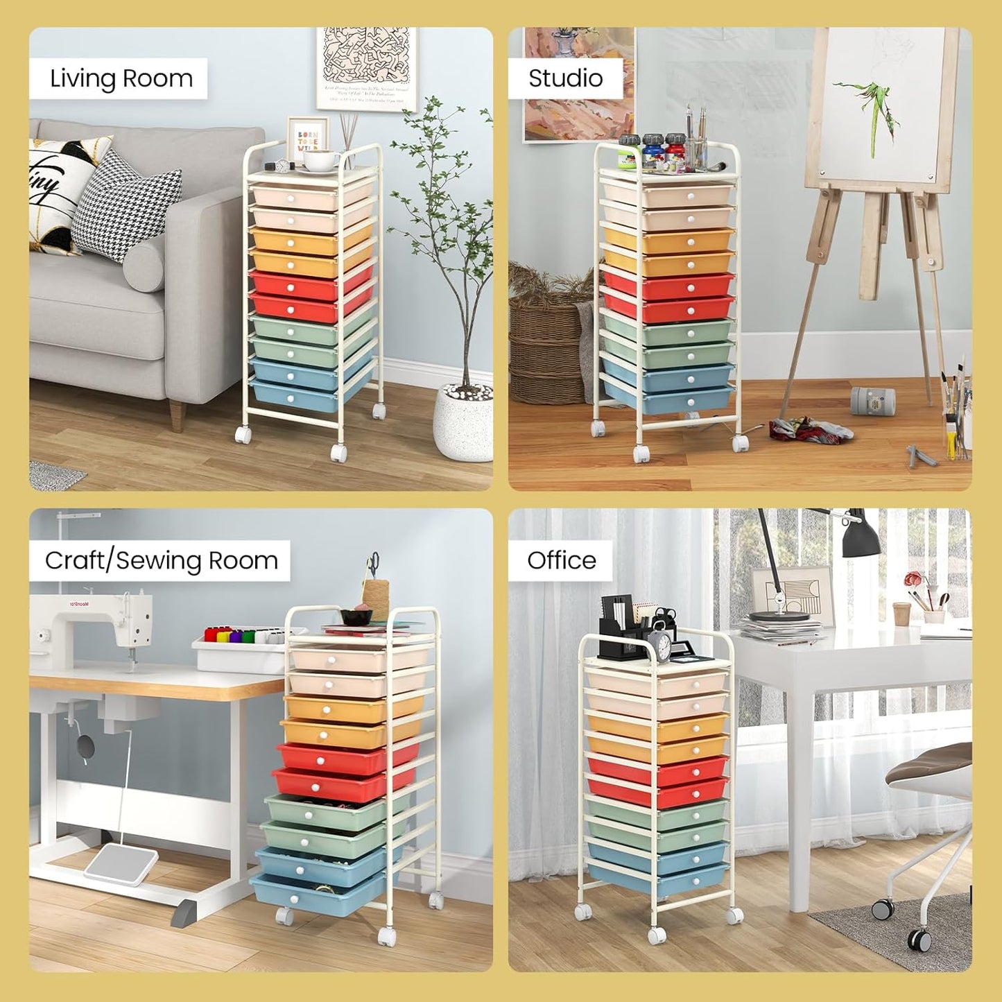 10-Drawer Rolling Storage Cart, Utility Mobile Trolley | Removable Drawers & Universal Casters & 2 Brakes, Versatile Flexible Drawer Organizer Cart for Home, Office (Yellow)