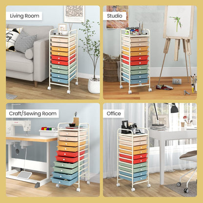 10-Drawer Rolling Storage Cart, Utility Mobile Trolley | Removable Drawers & Universal Casters & 2 Brakes, Versatile Flexible Drawer Organizer Cart for Home, Office (Yellow)