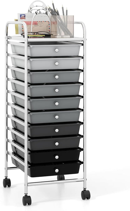 10-Drawer Rolling Storage Cart, Utility Mobile Trolley | Removable Drawers & Universal Casters & 2 Brakes, Versatile Flexible Drawer Organizer Cart for Home, Office (Yellow)