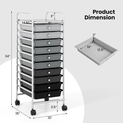 10-Drawer Rolling Storage Cart, Utility Mobile Trolley | Removable Drawers & Universal Casters & 2 Brakes, Versatile Flexible Drawer Organizer Cart for Home, Office (Yellow)