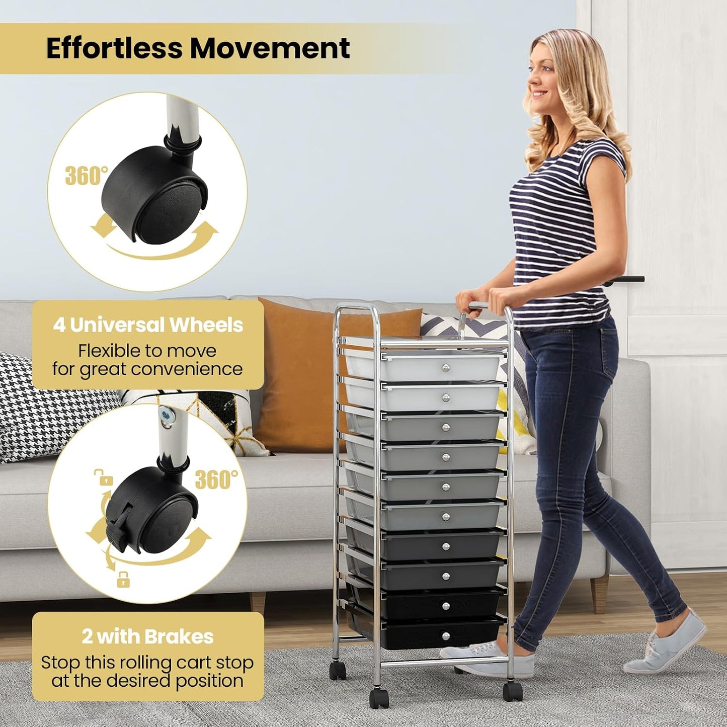 10-Drawer Rolling Storage Cart, Utility Mobile Trolley | Removable Drawers & Universal Casters & 2 Brakes, Versatile Flexible Drawer Organizer Cart for Home, Office (Yellow)