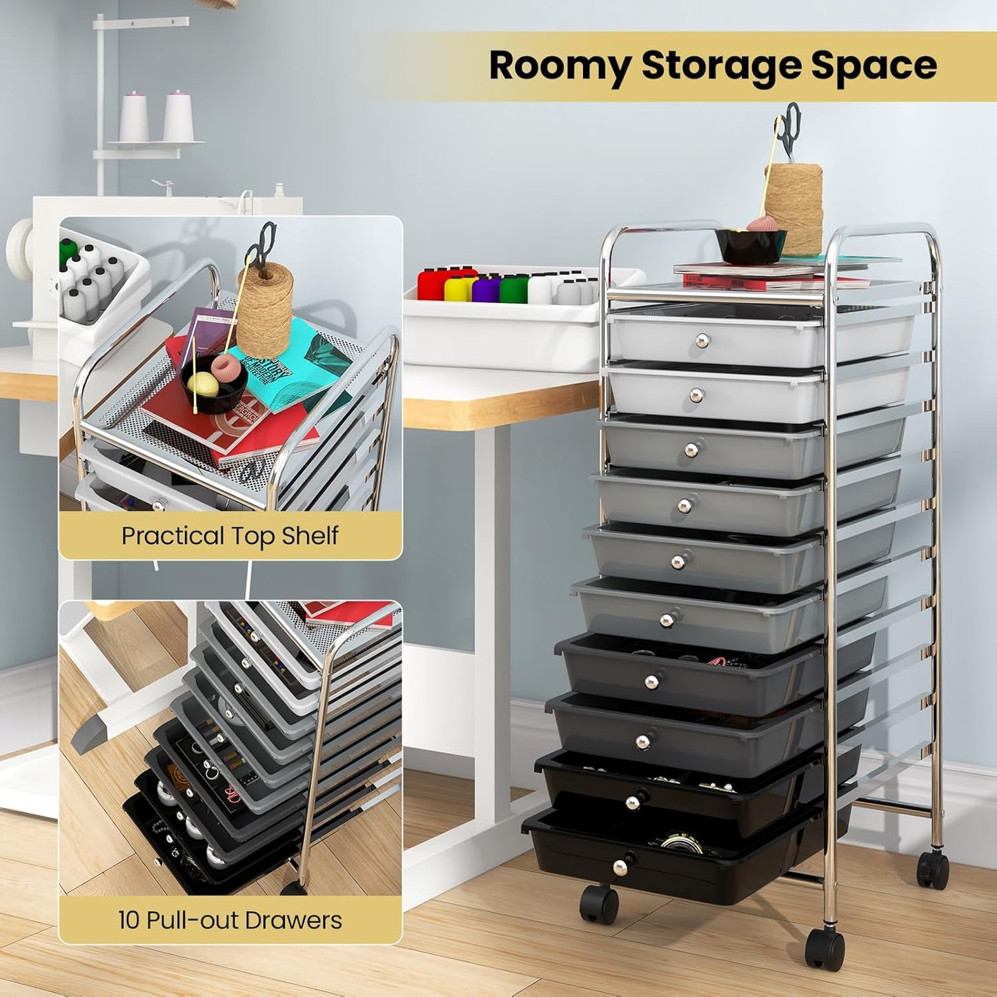 10-Drawer Rolling Storage Cart, Utility Mobile Trolley | Removable Drawers & Universal Casters & 2 Brakes, Versatile Flexible Drawer Organizer Cart for Home, Office (Yellow)