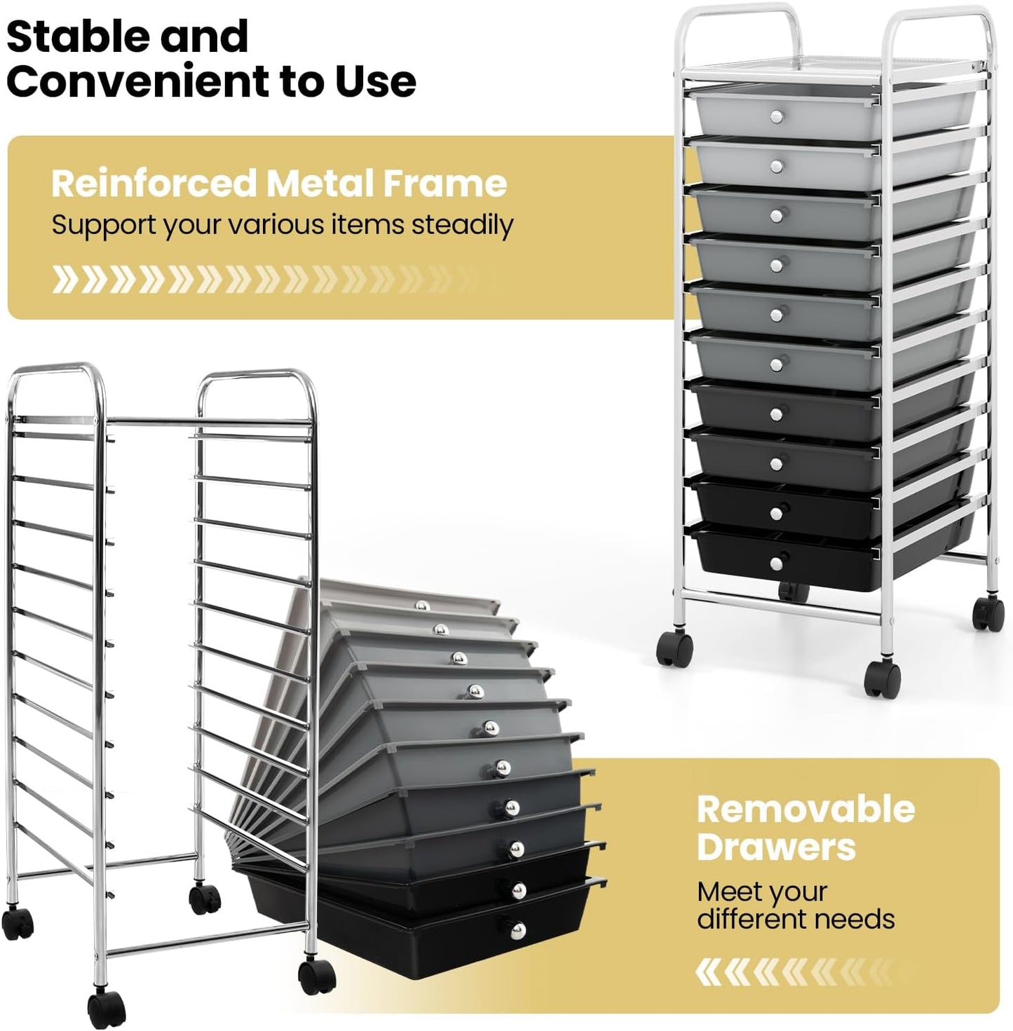 10-Drawer Rolling Storage Cart, Utility Mobile Trolley | Removable Drawers & Universal Casters & 2 Brakes, Versatile Flexible Drawer Organizer Cart for Home, Office (Yellow)