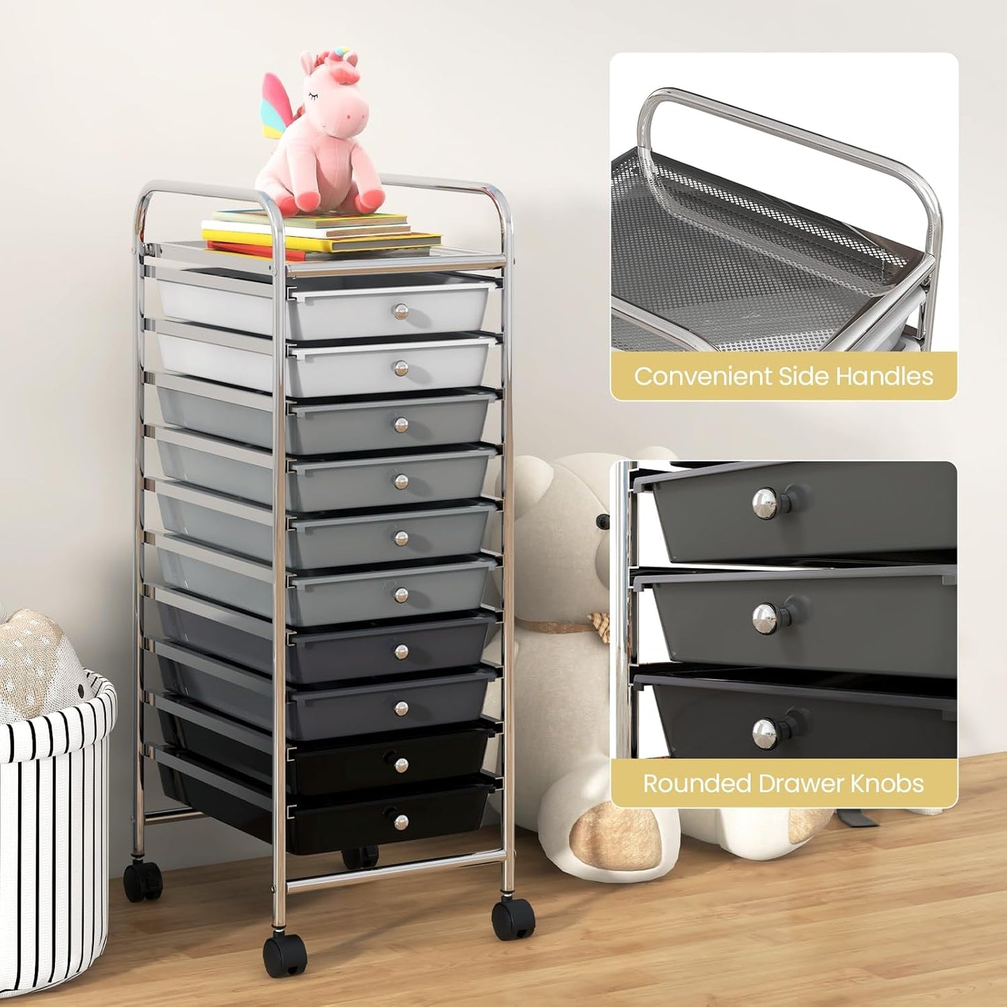 10-Drawer Rolling Storage Cart, Utility Mobile Trolley | Removable Drawers & Universal Casters & 2 Brakes, Versatile Flexible Drawer Organizer Cart for Home, Office (Yellow)