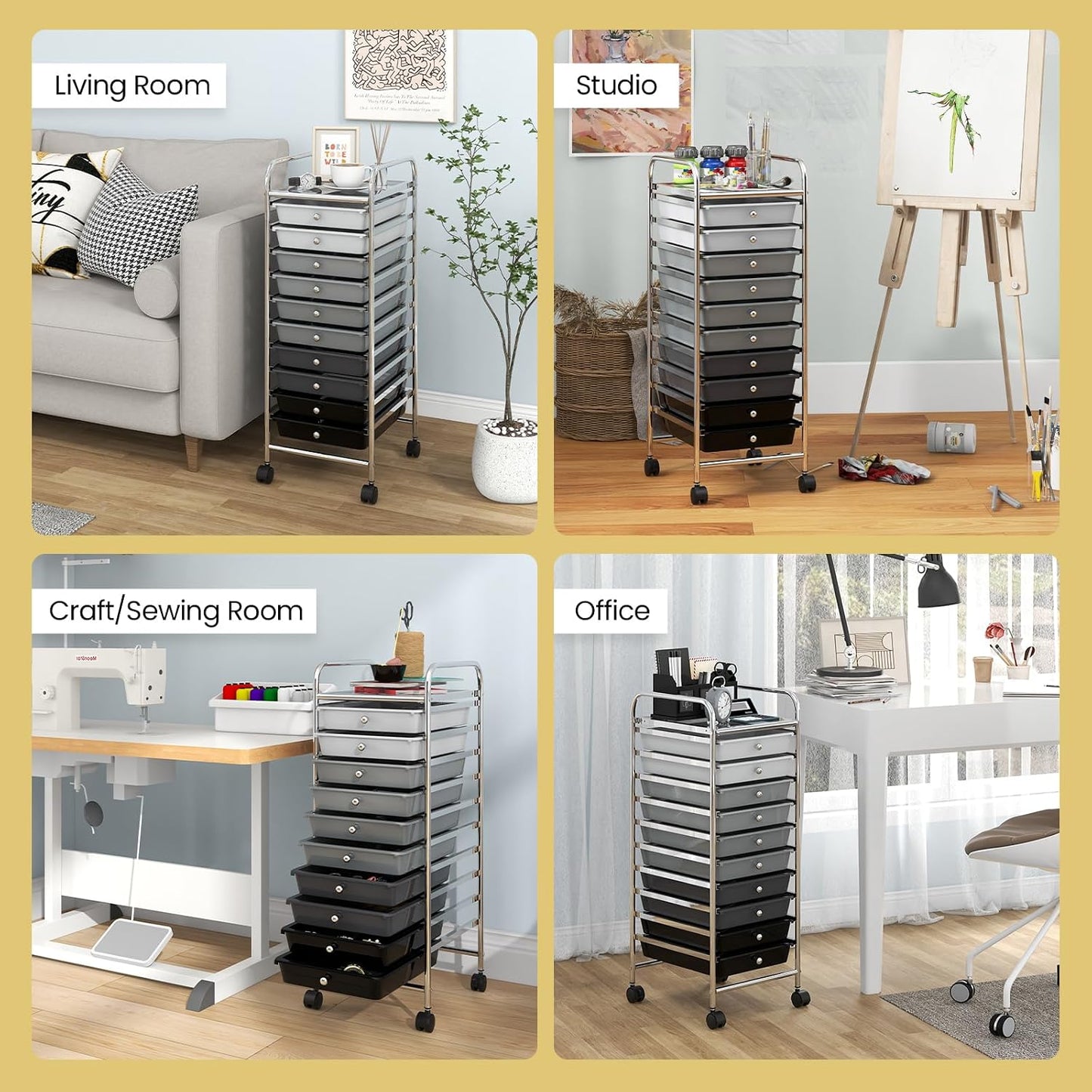 10-Drawer Rolling Storage Cart, Utility Mobile Trolley | Removable Drawers & Universal Casters & 2 Brakes, Versatile Flexible Drawer Organizer Cart for Home, Office (Yellow)