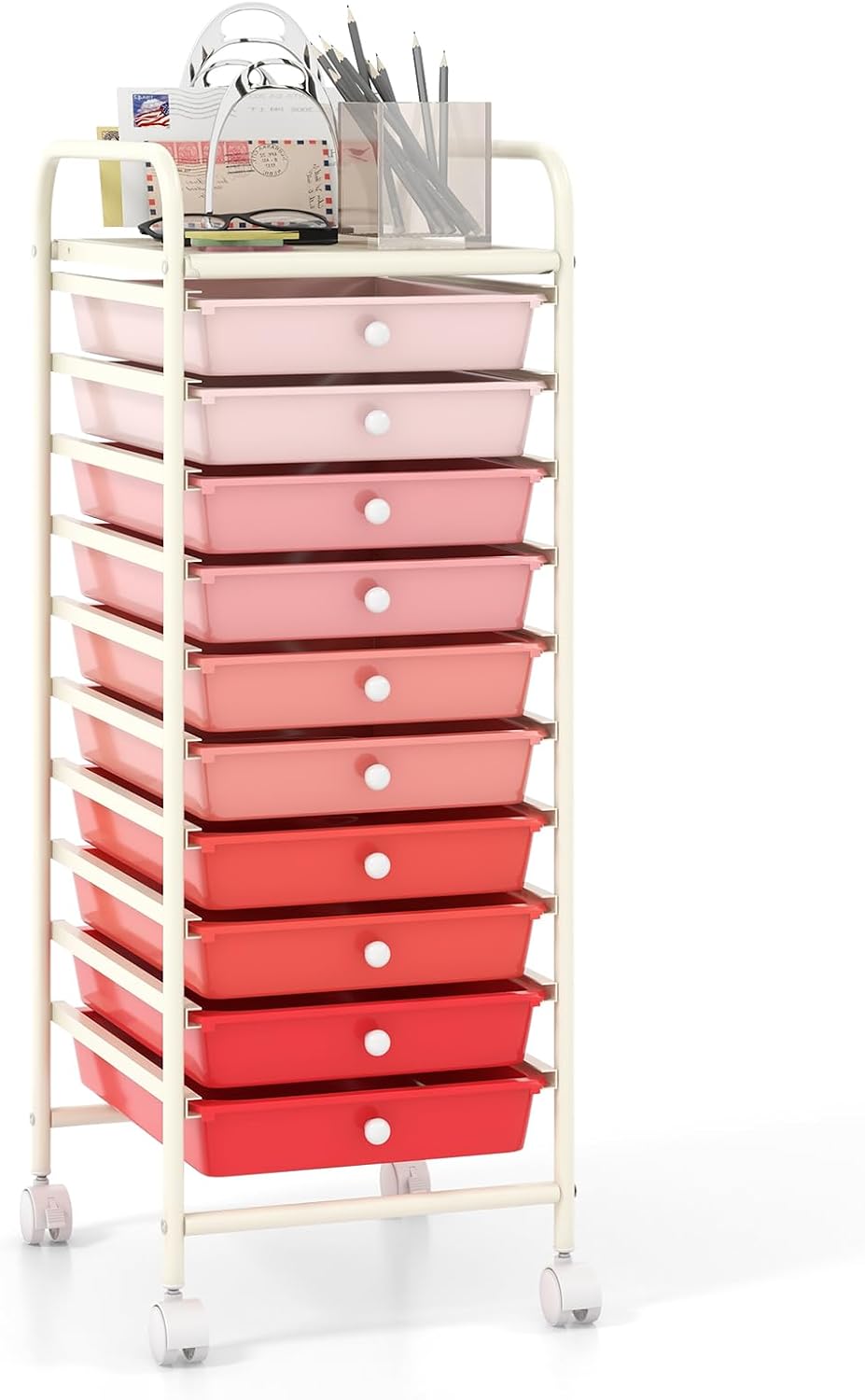 10-Drawer Rolling Storage Cart, Utility Mobile Trolley | Removable Drawers & Universal Casters & 2 Brakes, Versatile Flexible Drawer Organizer Cart for Home, Office (Yellow)