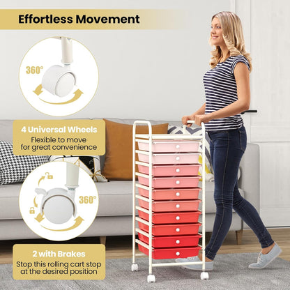 10-Drawer Rolling Storage Cart, Utility Mobile Trolley | Removable Drawers & Universal Casters & 2 Brakes, Versatile Flexible Drawer Organizer Cart for Home, Office (Yellow)